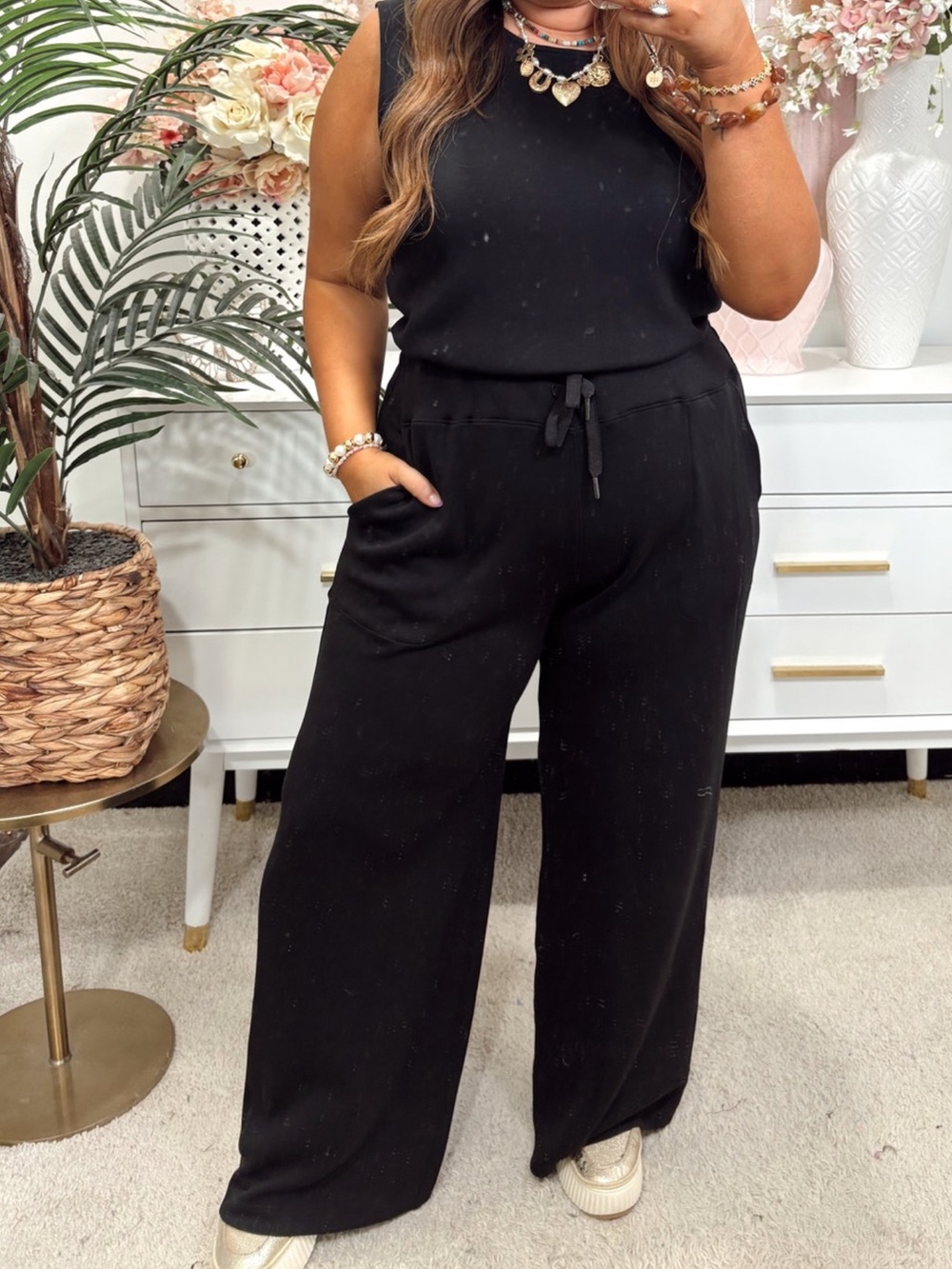 SPANX Black Sleeveless Wide-Leg Jumpsuit with Drawstring